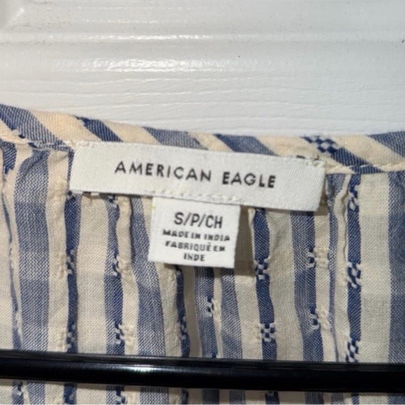American Eagle Size S Blue and Cream Floral and Striped Peplum-Style Top - Picture 3 of 5